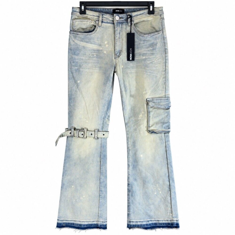 Nova Men Strap Me Up Stacked Skinny Flare Jeans Size 32 Medium Wash NWT
